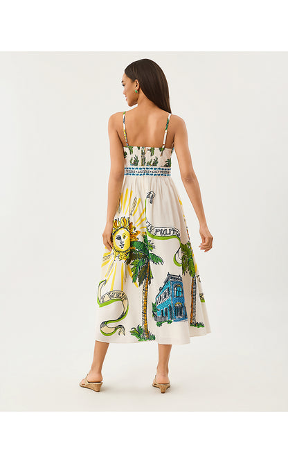 WENDLEY MIDI DRESS, COCONUT OVERSIZED KEY WEST TOILE ENGINEERED WOVEN MIDI