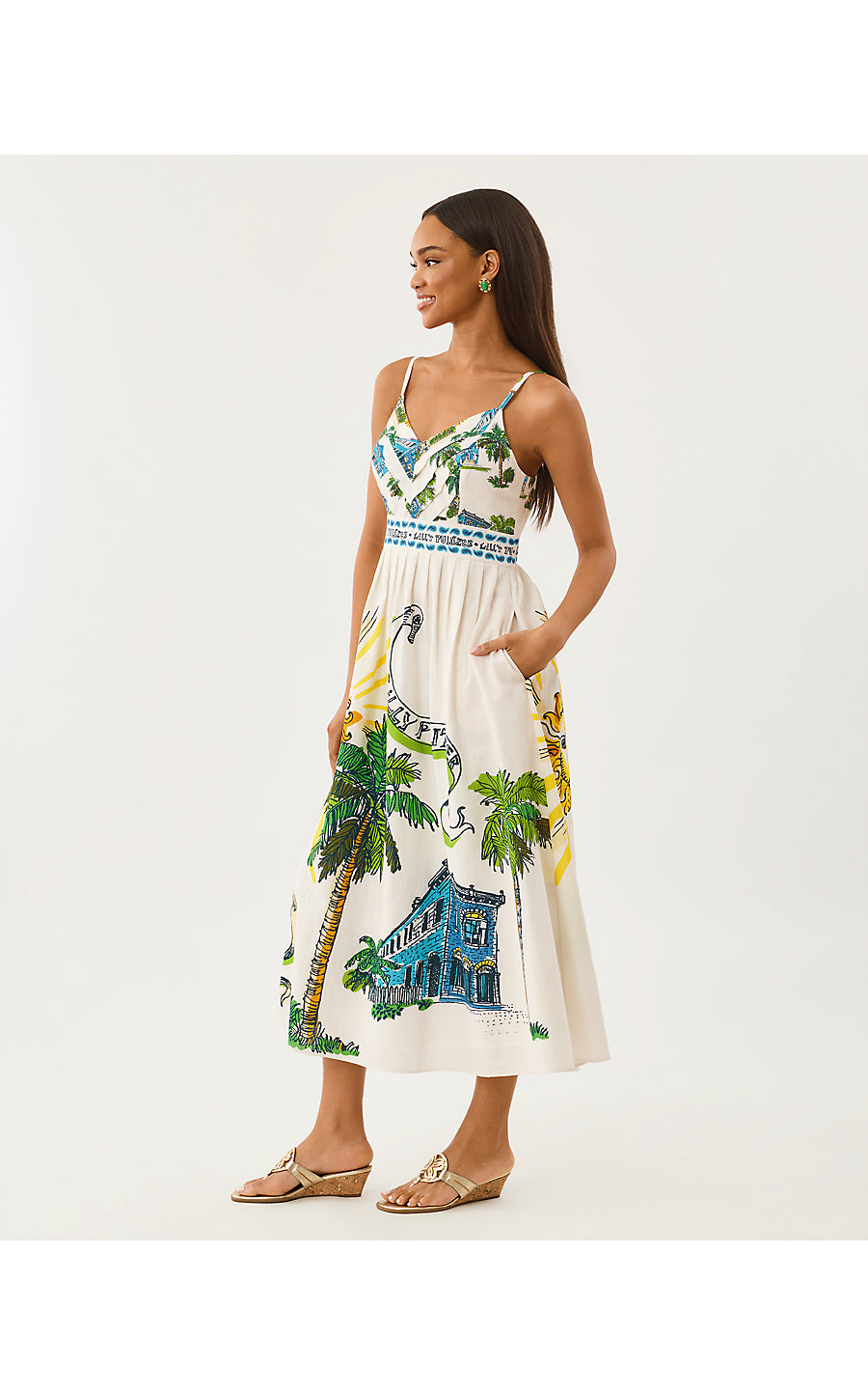 WENDLEY MIDI DRESS, COCONUT OVERSIZED KEY WEST TOILE ENGINEERED WOVEN MIDI