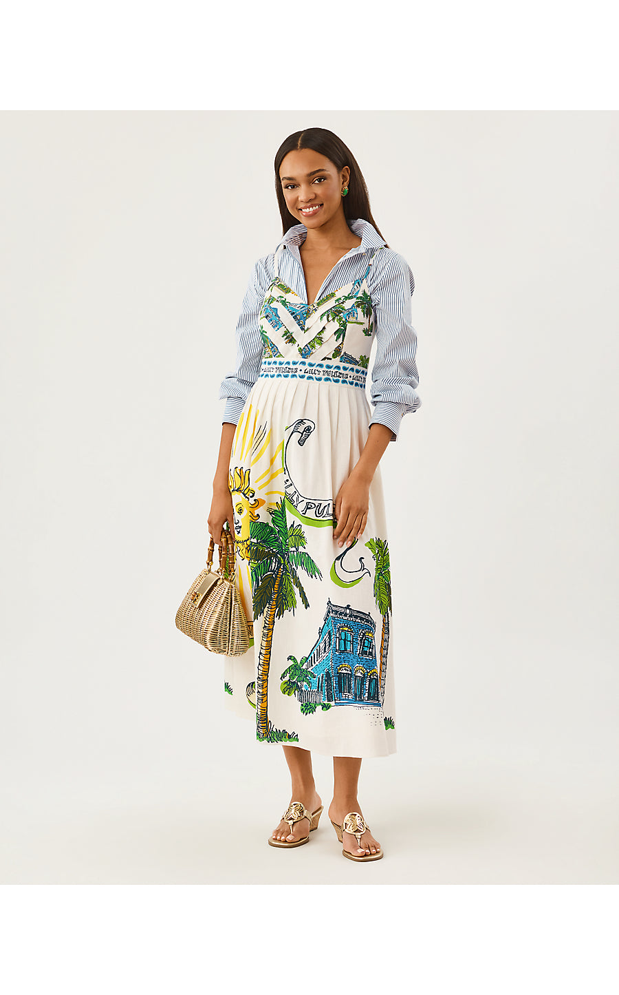 WENDLEY MIDI DRESS, COCONUT OVERSIZED KEY WEST TOILE ENGINEERED WOVEN MIDI