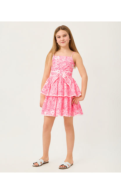 AMBIE RUFFLE DRESS, CONCH SHELL PINK BURST OF JOY