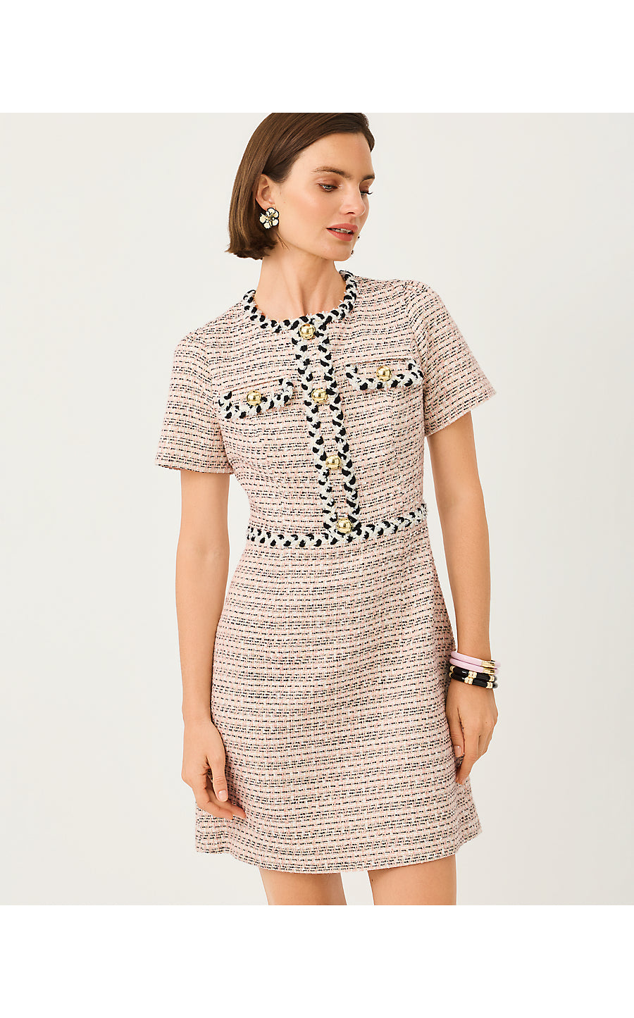 BERNETTE SHORT SLEEVE BOUCLE DRESS, FESTIVAL BLOOM RIBBON STRIPE BOUCLE