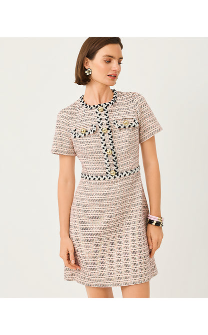 BERNETTE SHORT SLEEVE BOUCLE DRESS, FESTIVAL BLOOM RIBBON STRIPE BOUCLE
