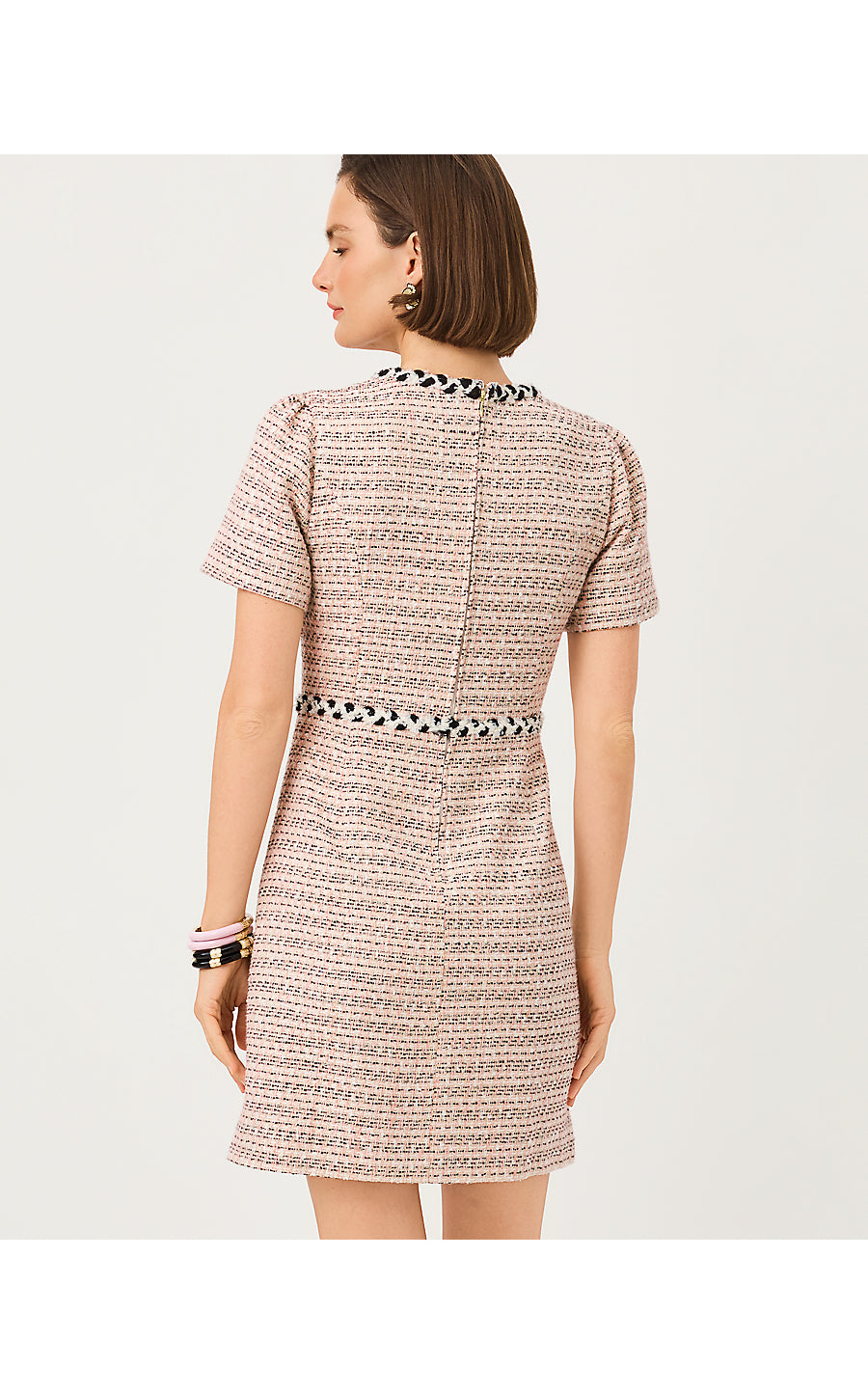BERNETTE SHORT SLEEVE BOUCLE DRESS, FESTIVAL BLOOM RIBBON STRIPE BOUCLE