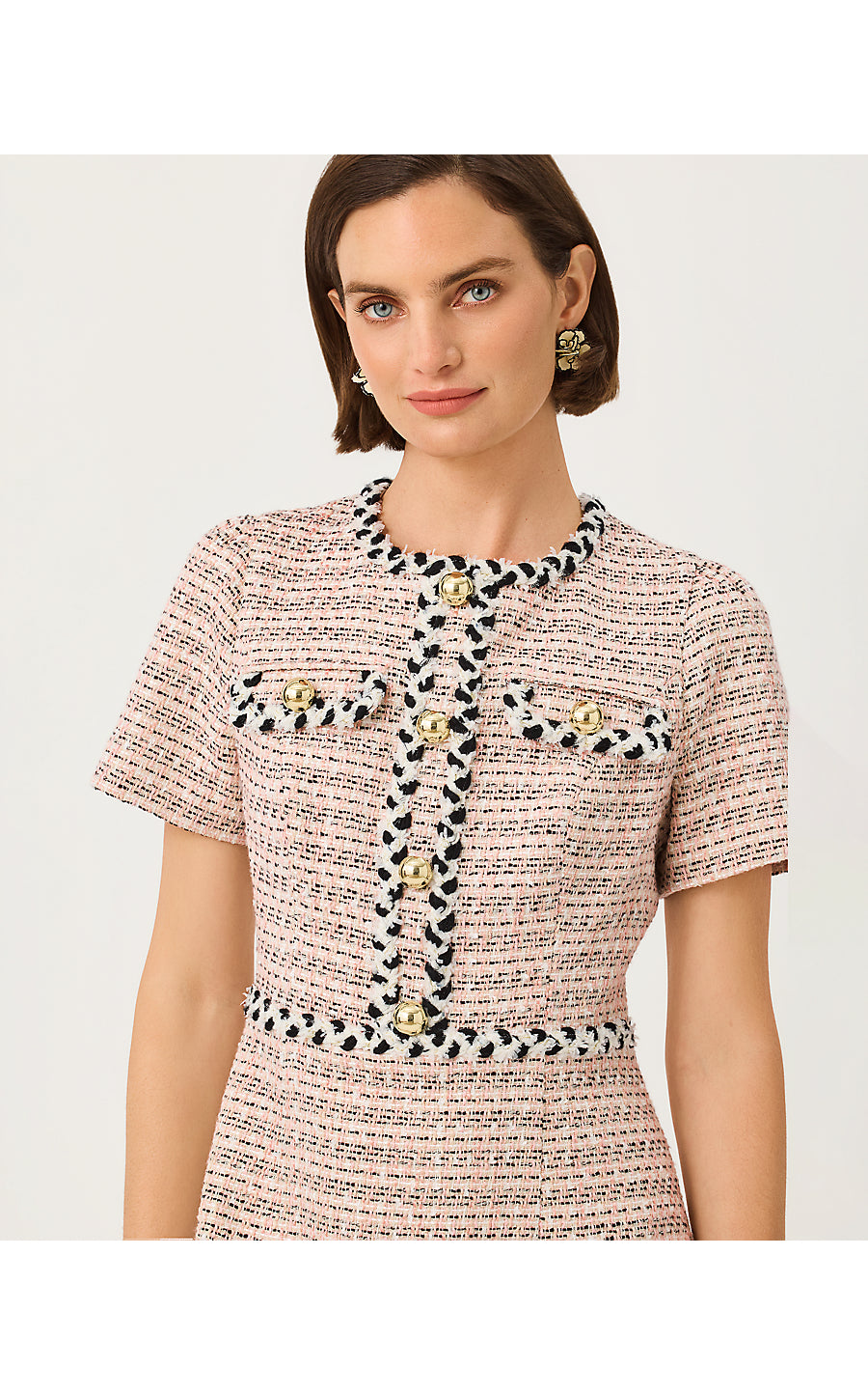 BERNETTE SHORT SLEEVE BOUCLE DRESS, FESTIVAL BLOOM RIBBON STRIPE BOUCLE