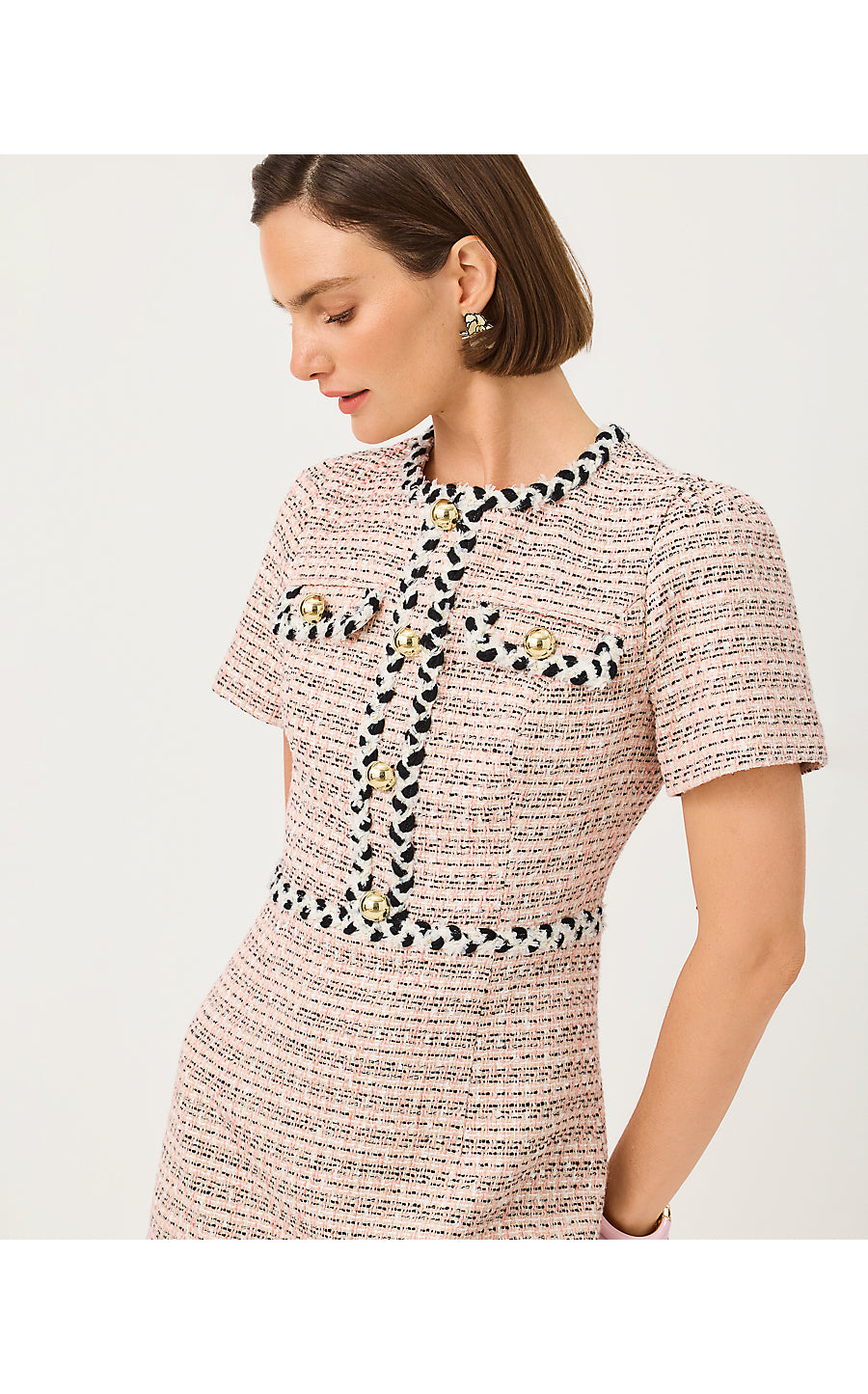 BERNETTE SHORT SLEEVE BOUCLE DRESS, FESTIVAL BLOOM RIBBON STRIPE BOUCLE