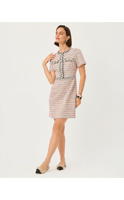 BERNETTE SHORT SLEEVE BOUCLE DRESS, FESTIVAL BLOOM RIBBON STRIPE BOUCLE
