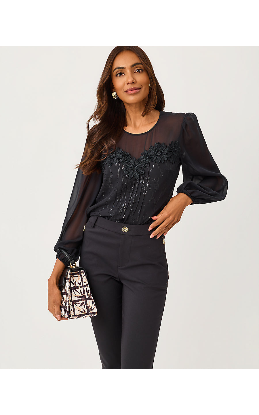 GAIL SILK TOP, NOIR FISH CLIP CHIFFON