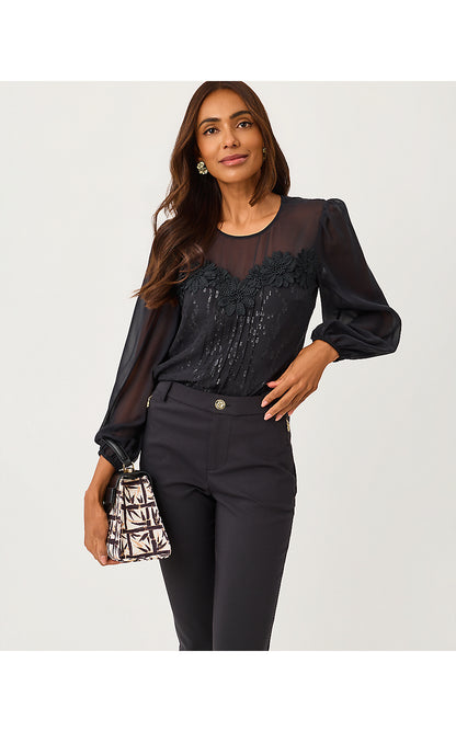 GAIL SILK TOP, NOIR FISH CLIP CHIFFON