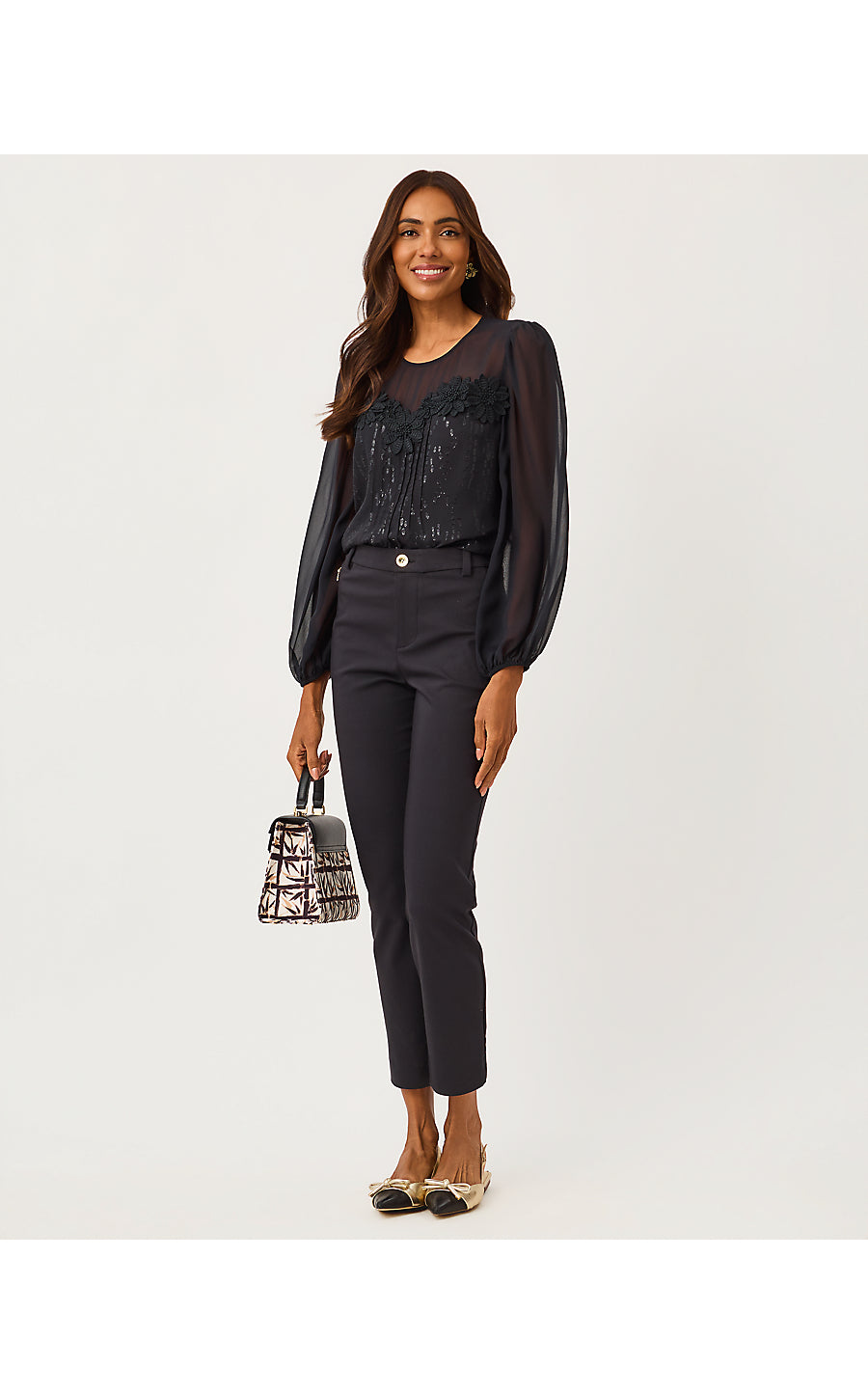GAIL SILK TOP, NOIR FISH CLIP CHIFFON