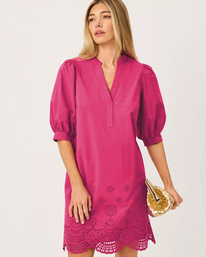 MIALEIGH ELBOW SLEEVE DRESS, BERRY BOUQUET SCALLOPED EYELET BORDER POPLIN