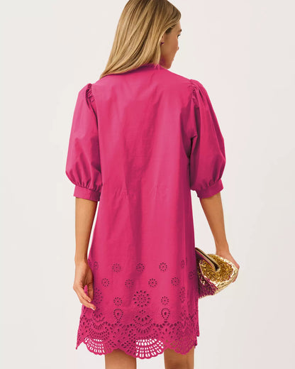 MIALEIGH ELBOW SLEEVE DRESS, BERRY BOUQUET SCALLOPED EYELET BORDER POPLIN