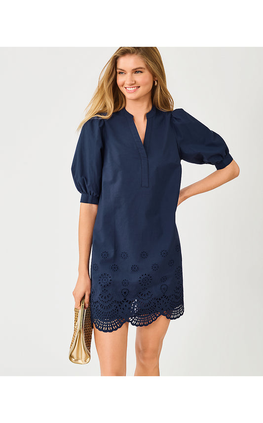 MIALEIGH ELBOW SLEEVE DRESS, LOW TIDE NAVY SCALLOPED EYELET BORDER POPLIN