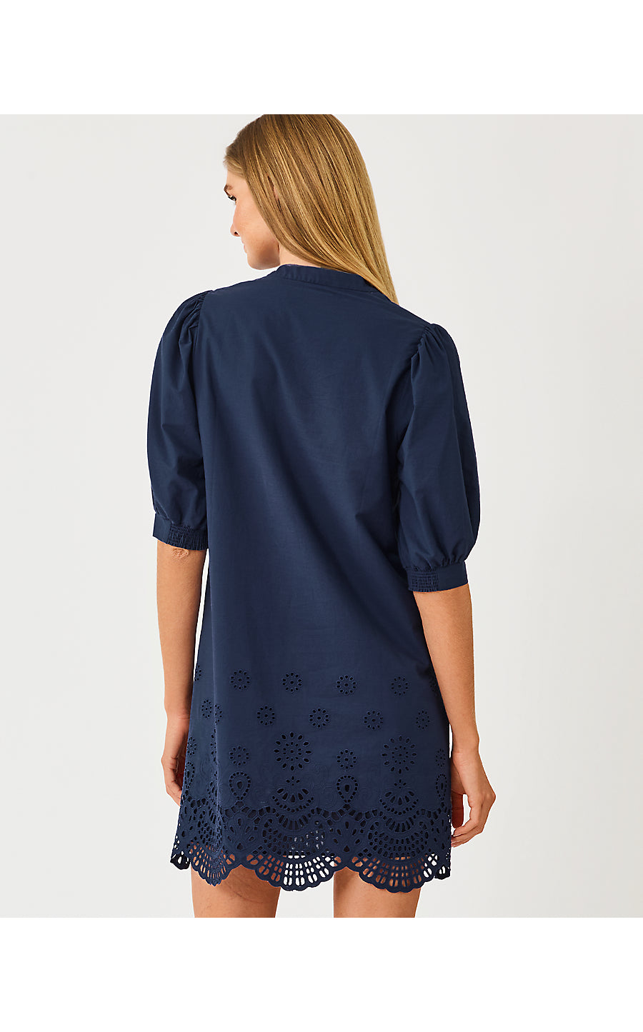 MIALEIGH ELBOW SLEEVE DRESS, LOW TIDE NAVY SCALLOPED EYELET BORDER POPLIN