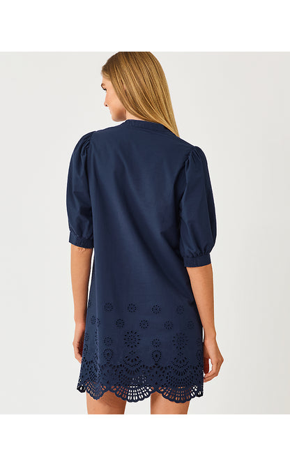 MIALEIGH ELBOW SLEEVE DRESS, LOW TIDE NAVY SCALLOPED EYELET BORDER POPLIN