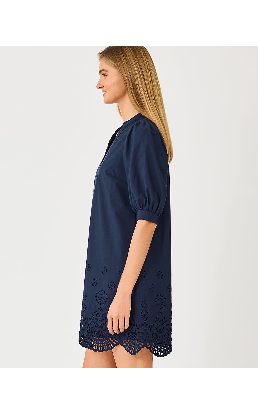 MIALEIGH ELBOW SLEEVE DRESS, LOW TIDE NAVY SCALLOPED EYELET BORDER POPLIN