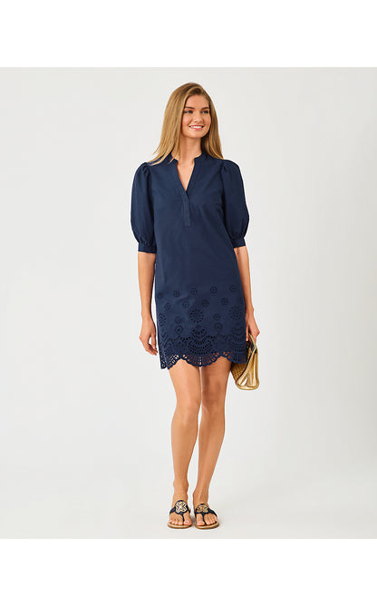 MIALEIGH ELBOW SLEEVE DRESS, LOW TIDE NAVY SCALLOPED EYELET BORDER POPLIN