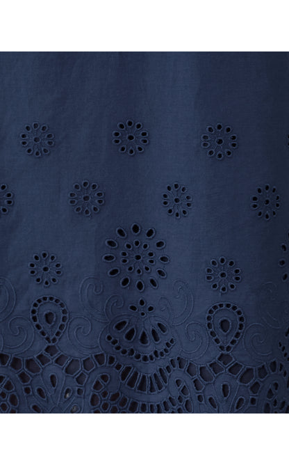 MIALEIGH ELBOW SLEEVE DRESS, LOW TIDE NAVY SCALLOPED EYELET BORDER POPLIN