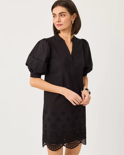 MIALEIGH ELBOW SLEEVE DRESS, NOIR SCALLOPED EYELET BORDER POPLIN