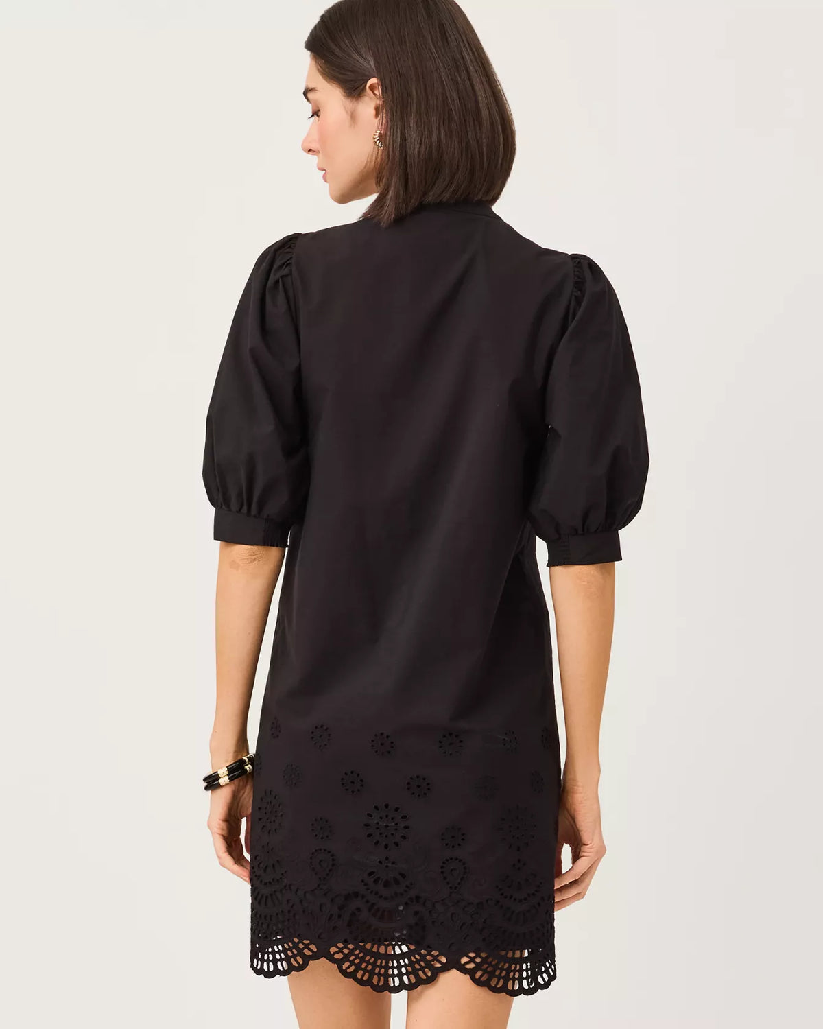 MIALEIGH ELBOW SLEEVE DRESS, NOIR SCALLOPED EYELET BORDER POPLIN