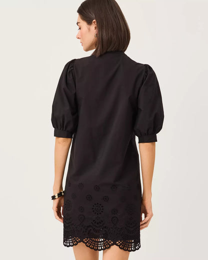 MIALEIGH ELBOW SLEEVE DRESS, NOIR SCALLOPED EYELET BORDER POPLIN