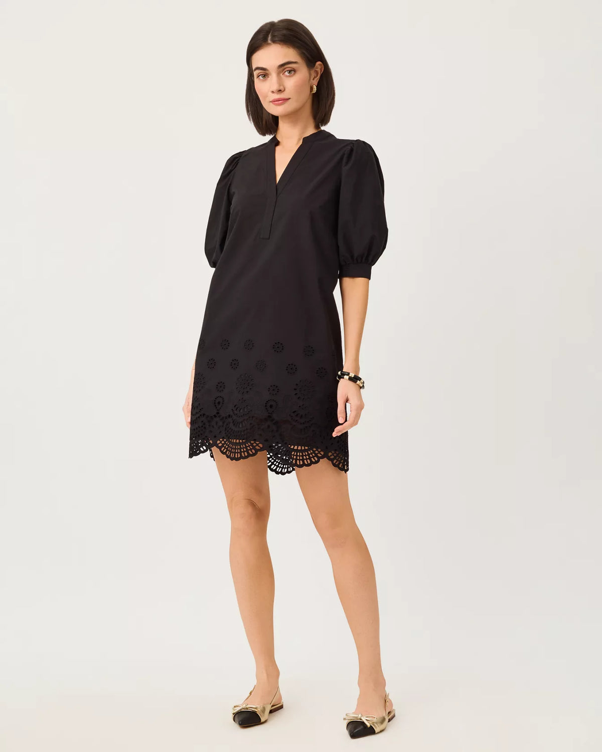 MIALEIGH ELBOW SLEEVE DRESS, NOIR SCALLOPED EYELET BORDER POPLIN