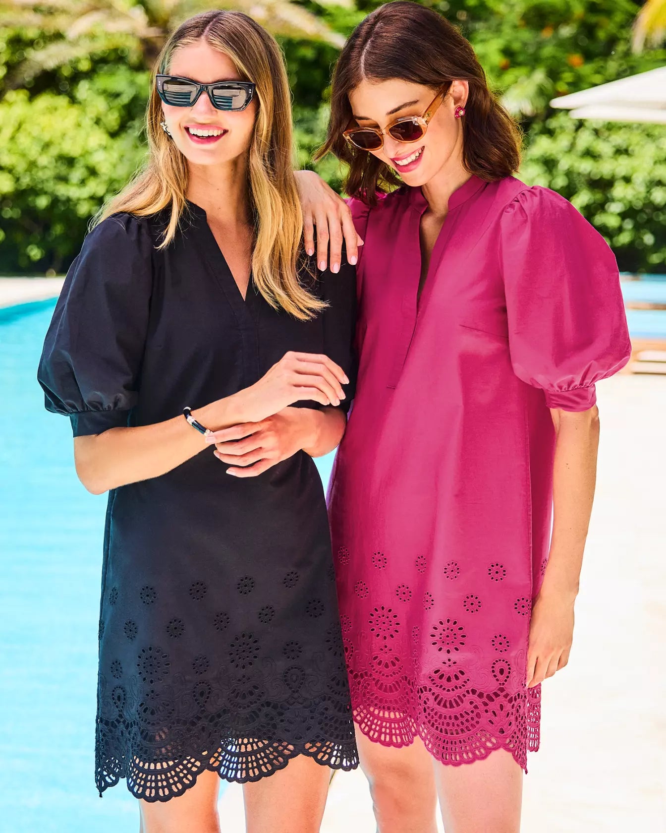 MIALEIGH ELBOW SLEEVE DRESS, NOIR SCALLOPED EYELET BORDER POPLIN