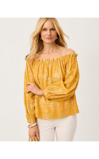KALINDA OFF THE SHOULDER TOP, TOPAZ YELLOW FALLING FLORAL VISCOSE METALLIC CLIP