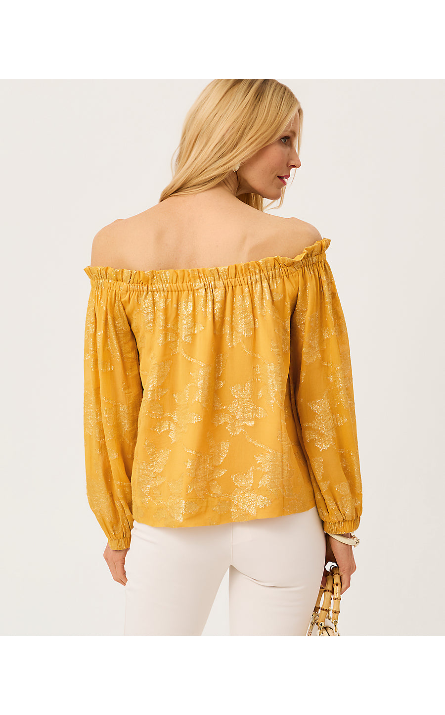 KALINDA OFF THE SHOULDER TOP, TOPAZ YELLOW FALLING FLORAL VISCOSE METALLIC CLIP