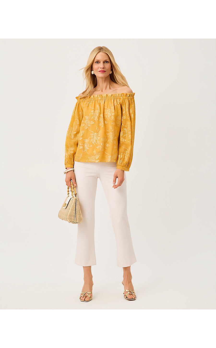 KALINDA OFF THE SHOULDER TOP, TOPAZ YELLOW FALLING FLORAL VISCOSE METALLIC CLIP