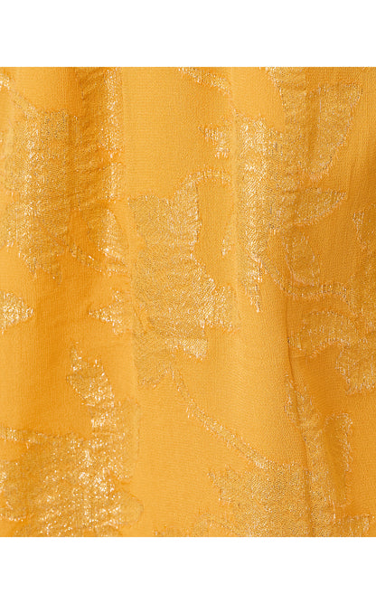 KALINDA OFF THE SHOULDER TOP, TOPAZ YELLOW FALLING FLORAL VISCOSE METALLIC CLIP