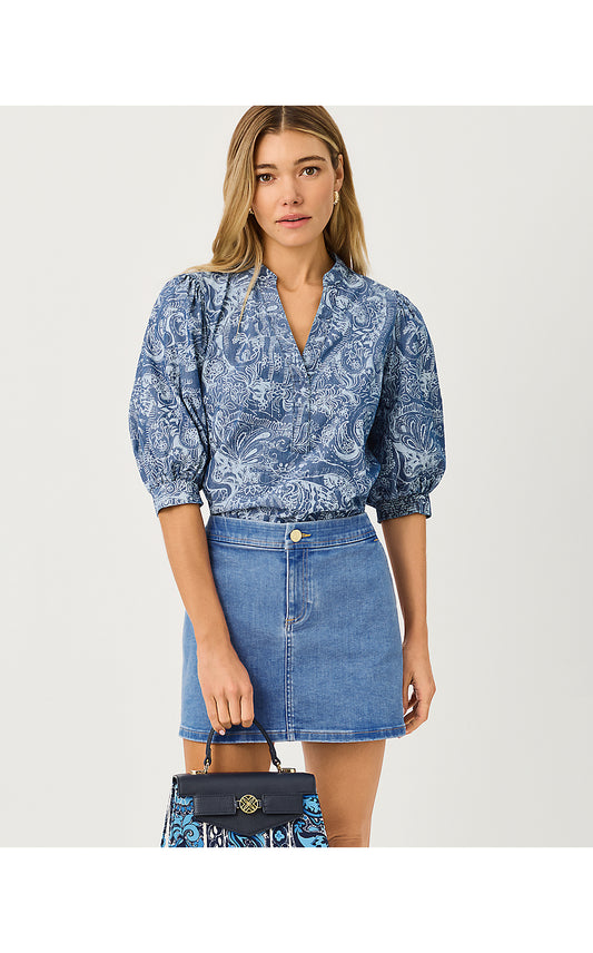 MIALEIGH TOP, INDIGO ALL DAY CHAMBRAY PAISLEY PARADE PIGMENT