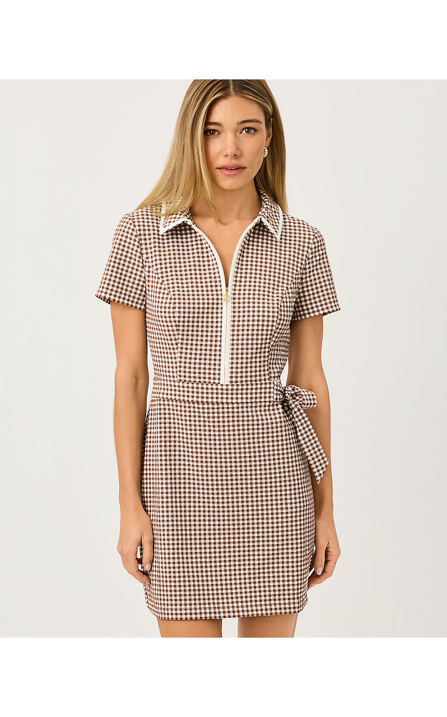 KATHY SHORT SLEEVE TIE DRESS, COCO BEACH MINI PERFORMANCE GINGHAM