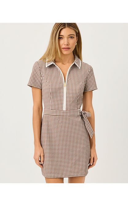 KATHY SHORT SLEEVE TIE DRESS, COCO BEACH MINI PERFORMANCE GINGHAM
