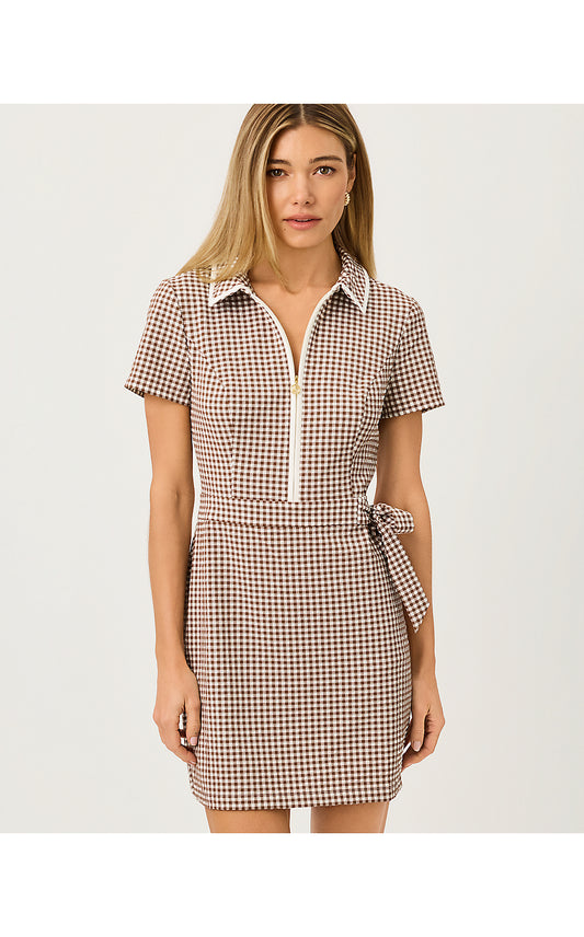 KATHY SHORT SLEEVE TIE DRESS, COCO BEACH MINI PERFORMANCE GINGHAM