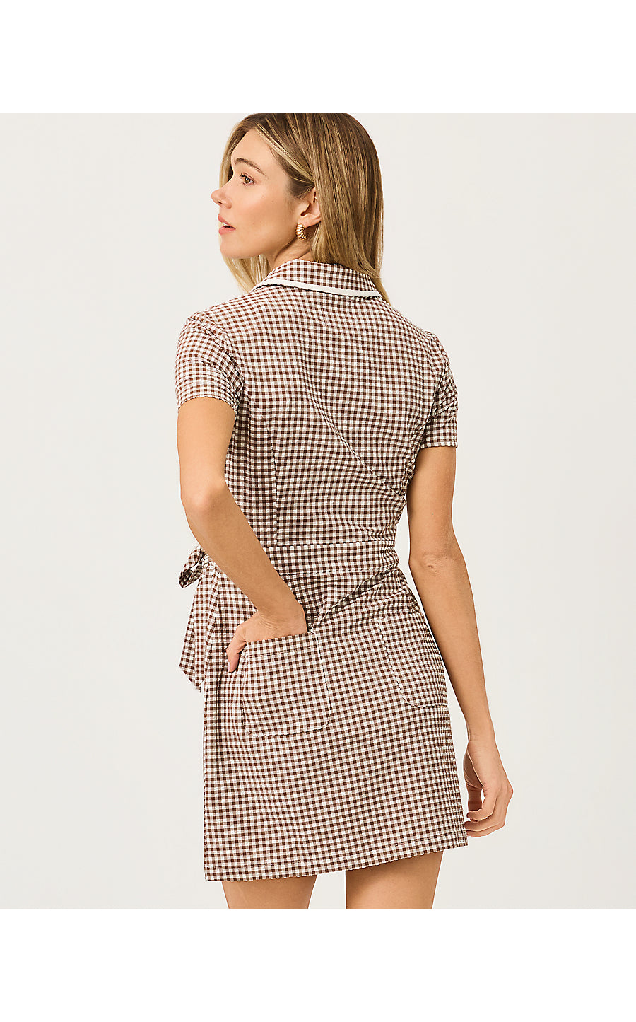 KATHY SHORT SLEEVE TIE DRESS, COCO BEACH MINI PERFORMANCE GINGHAM