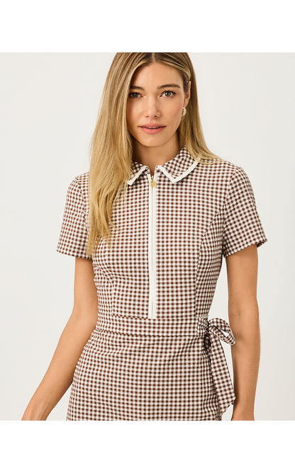 KATHY SHORT SLEEVE TIE DRESS, COCO BEACH MINI PERFORMANCE GINGHAM