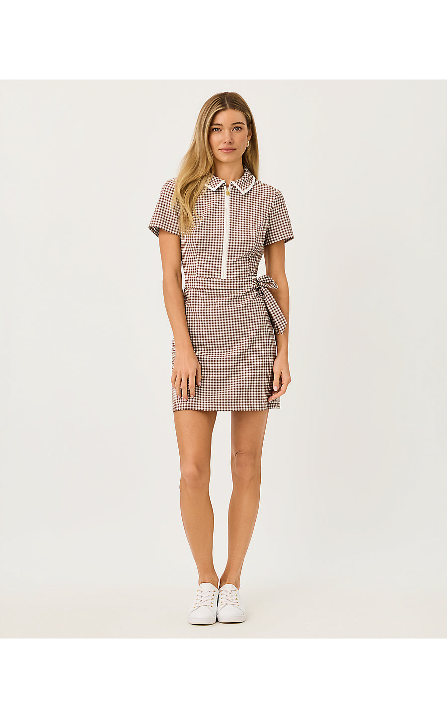 KATHY SHORT SLEEVE TIE DRESS, COCO BEACH MINI PERFORMANCE GINGHAM
