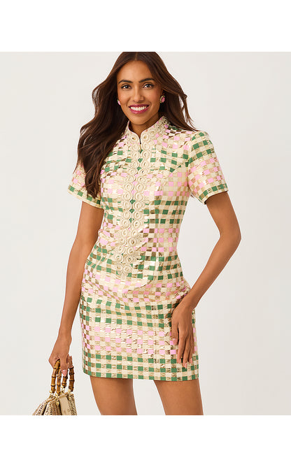CARTY JACQUARD SHIFT, OREGANO GOLDEN GINGHAM JACQUARD