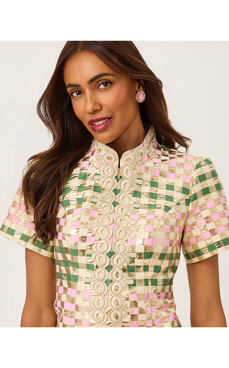 CARTY JACQUARD SHIFT, OREGANO GOLDEN GINGHAM JACQUARD