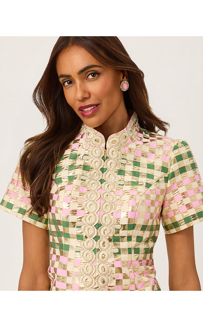 CARTY JACQUARD SHIFT, OREGANO GOLDEN GINGHAM JACQUARD