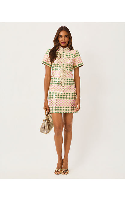 CARTY JACQUARD SHIFT, OREGANO GOLDEN GINGHAM JACQUARD