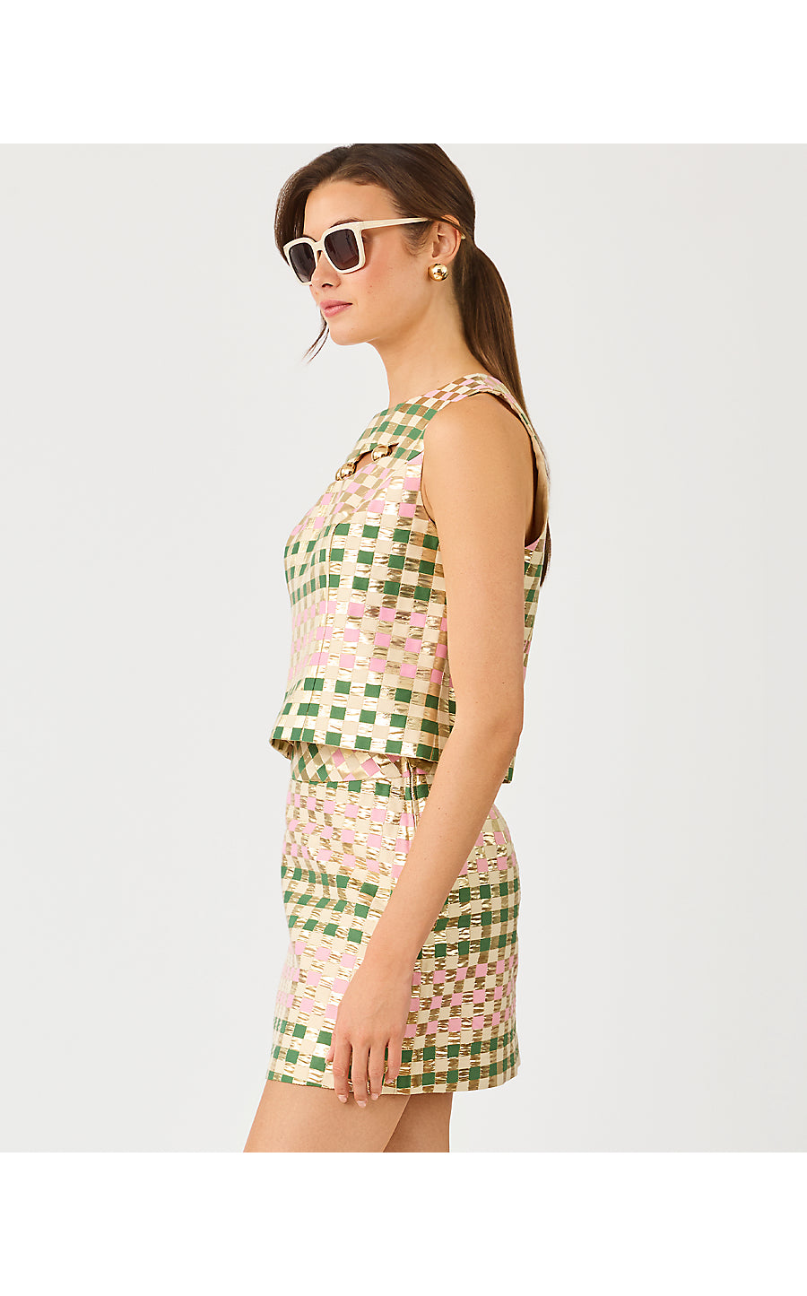 PALOMA SLEEVELESS TOP, OREGANO GOLDEN GINGHAM JACQUARD