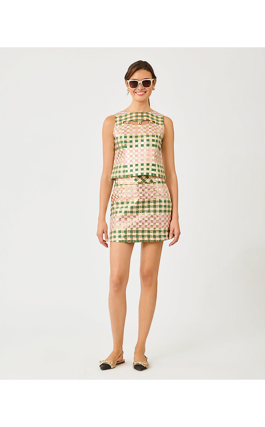 PALOMA SLEEVELESS TOP, OREGANO GOLDEN GINGHAM JACQUARD