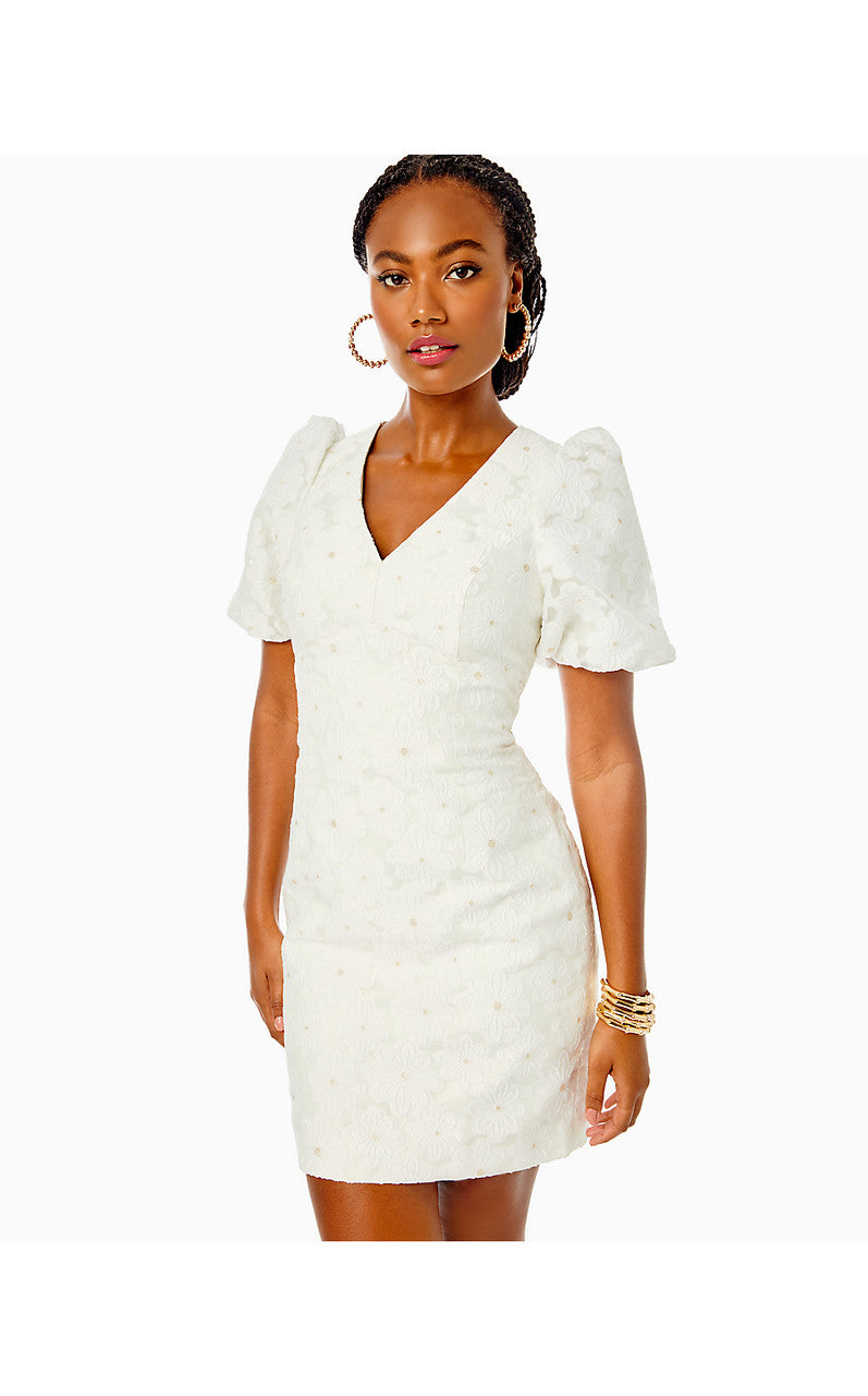 CITRA ELBOW SLEEVE ORGANZA DRESS, RESORT WHITE PERFECT PETALS JACQUARD