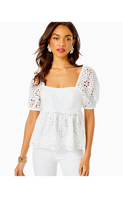 KAY SHORT SLEEVE EYELET TOP, RESORT WHITE FUNFLOWER EYELET