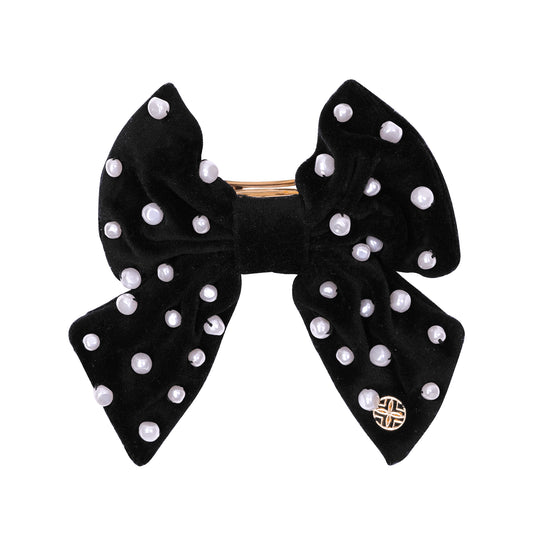 Embellished Velvet Bow Barrette, Onyx