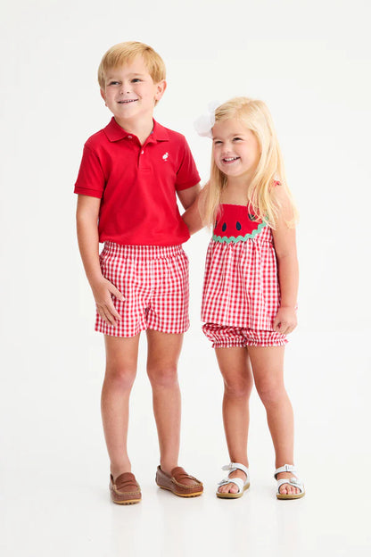 Sheffield Shorts, Richmond Red Gingham with Belhaven Blue Stork