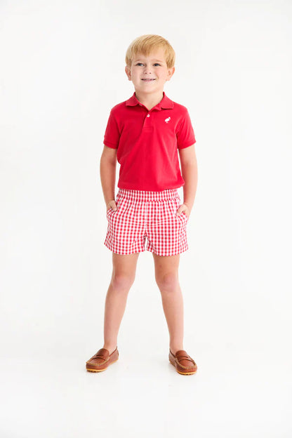 Sheffield Shorts, Richmond Red Gingham with Belhaven Blue Stork