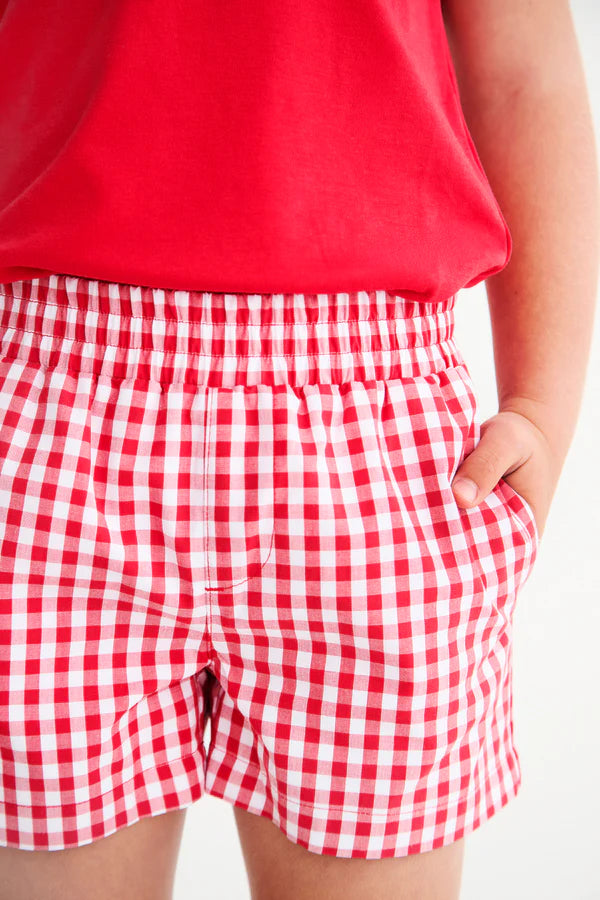 Sheffield Shorts, Richmond Red Gingham with Belhaven Blue Stork
