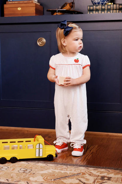 Penny's Playsuit, 
Nantucket Navy Microdot/Richmond Red/Apple